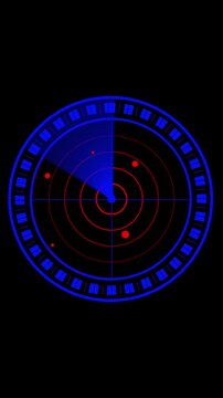 Blue radar screen displaying red targets and sweep scan. Radar screen interface with blue digital grid. Sonar detection animation blue radar screen displaying red targets and sweep radar.
