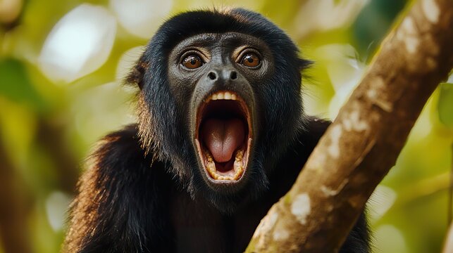 Howler monkey calling from a high tree branch in the rainforest, powerful vocalization