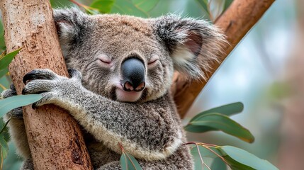Obraz premium Koala clinging to a eucalyptus tree branch, peaceful, native Australian wildlife, sleepy
