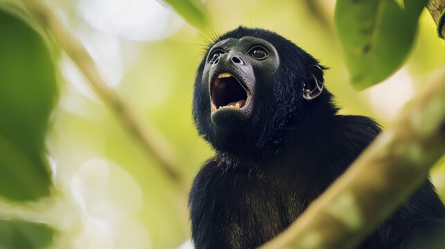 Howler monkey calling from a high tree branch in the rainforest, powerful vocalization