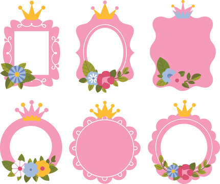 Cute pink princess frames with gold crowns and flowers, decorative borders for girls birthday party invitations