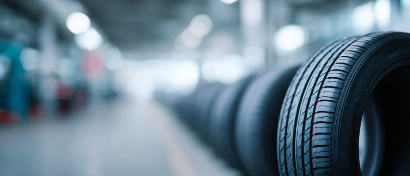 Row of new car tires in garage