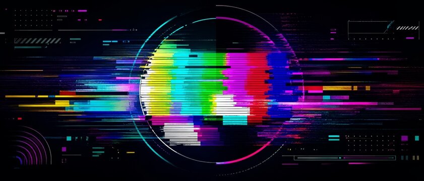 Television test screen glitch texture with colorful digital distortion and retro signal interference, designed for futuristic branding, digital presentations, and high-tech creative applications