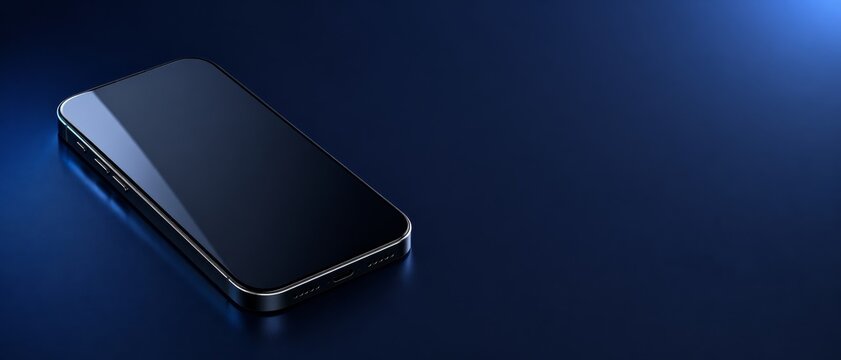 Realistic isometric smartphone illustration with a glossy black body and screen reflection, placed on a dark blue surface in perspective view as a modern mobile mockup or premium device template.