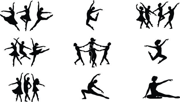 Dance silhouette collection with ballet dancers jumping and performance black shadow human figures isolated on gray background set
