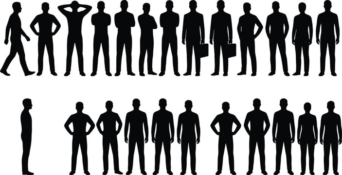 Men standing and walking silhouette collection with business male black shadow human figures isolated on gray background