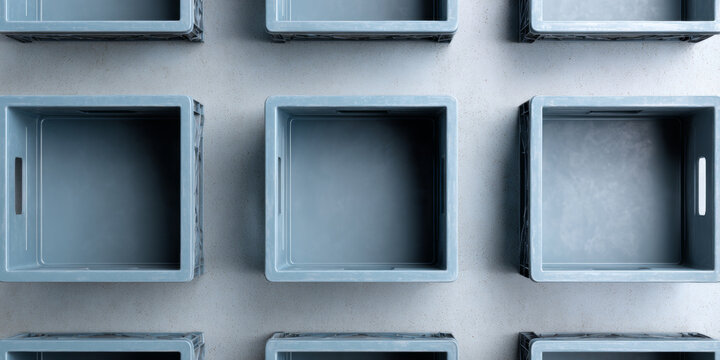Empty plastic storage crates arranged neatly