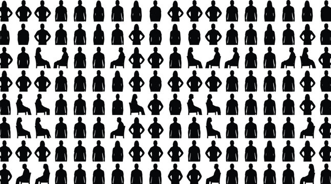 People standing and sitting silhouette collection with male female black shadow human figures isolated background set