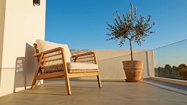 Relaxing afternoon on a terrace with a chair and an olive tree
