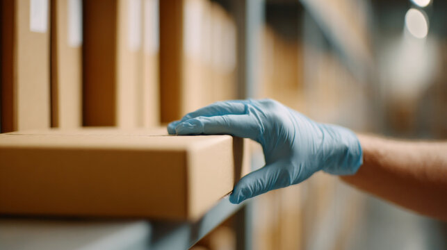 Gloved hand handling cardboard box