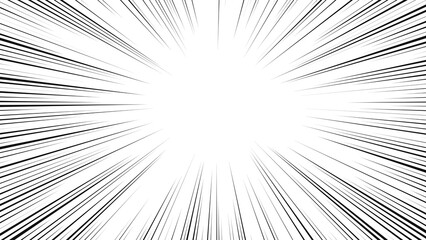 Intense radial manga speed burst effect, high-contrast black and white comic book action lines converging to a bright center, explosive motion background with dense straight radial lines © LeoOrigami