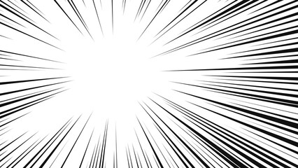 Fototapeta premium Asymmetric manga-style radial speed burst effect, high-contrast black and white comic book action lines with uneven density, intense motion background where lines converge toward the center with thick
