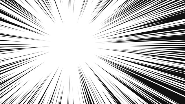 Asymmetric manga-style radial speed burst effect, high-contrast black and white comic book action lines with uneven density, intense motion background where lines converge toward the center with thick