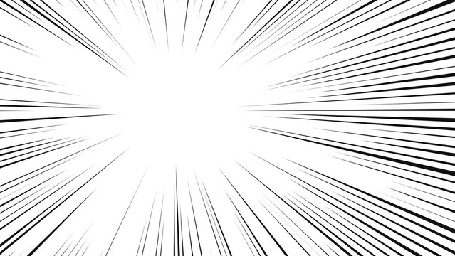 Asymmetric manga-style radial speed burst effect, high-contrast black and white comic book action lines with uneven density, intense motion background where lines converge toward the center with thick