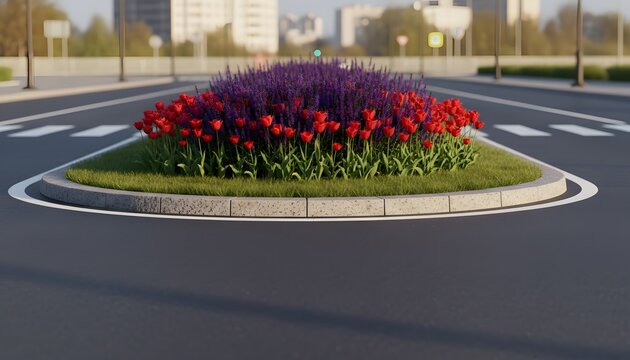 Traffic island with flowers on a modern urban road, highlighting city landscaping and infrastructure for a sustainable road beautification concept