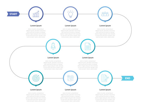 An 8-step timeline infographic is a visual storytelling tool designed to break down a sequence of eight distinct events, milestones, or phases into a clear and digestible format.