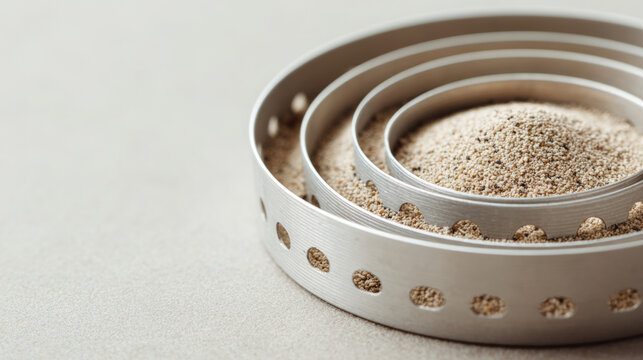 Close-up of metal sieves with sand