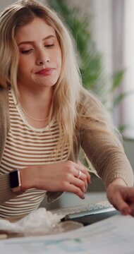 Tired, student and woman with document in house, sleepy and studying for assignment with low energy. Reading, paperwork and person with fatigue in home, education and unhappy with academic pressure