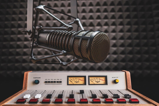 Professional microphone and sound mixer in radio studio