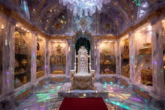 Ornate Throne Room with Crystal Walls, Gold Accents, and Gemstone Decorations
