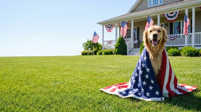 Golden retriever dog wrapped in American flag sits on green lawn in front of house decorated with flags for Fourth of July celebration in summer
