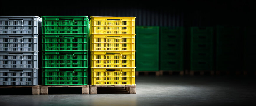 Colorful plastic crates stacked on pallets