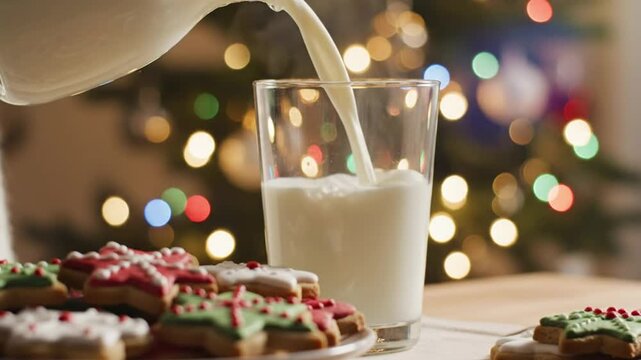Pouring milk into a glass with Christmas cookies in front of a festive Christmas tree background