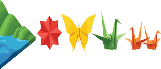 Obraz premium Vector Set of Origami Paper Art Shapes Including Butterfly, Flower, Crane, and Geometric Shapes for Craft, Education, and Decoration
