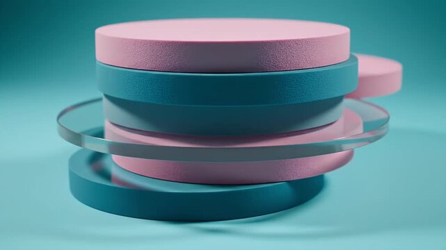 Colorful stacked pastel ribbons and foam coils arranged in layered circles on a turquoise surface