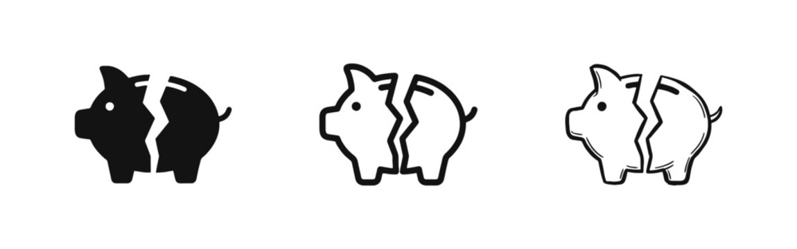 Broken Piggy Bank Financial Loss Icon Set - Glyph, Outline, and Doodle Styles