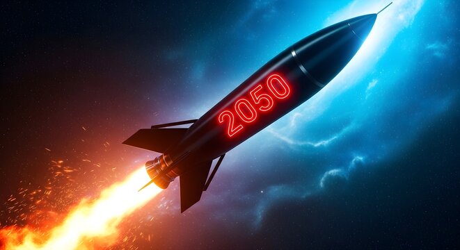 Futuristic rocket ship launching towards the year 2050 with bright flames against a starry space background. isolated on transparent background