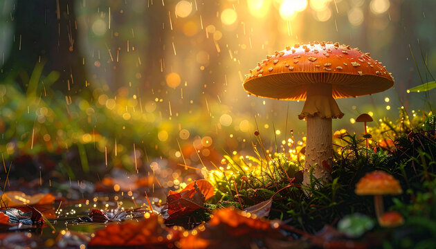 Amanita mushroom in forest rain; golden light