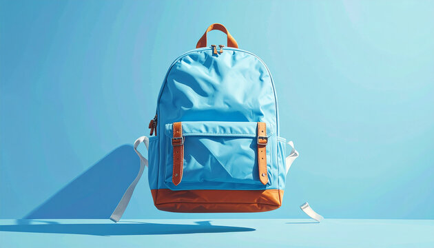 Blue backpack floating on bright blue backdrop
