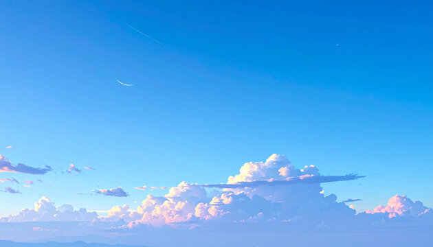 Blue sky with cumulus clouds and airplane trail