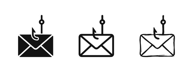Email Phishing and Cyber Security Threat Icon Set - Glyph, Outline, and Doodle Styles © drawing lines