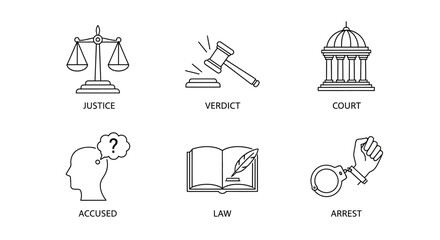 Fototapeta premium Legal Justice Icons: Scales, Gavel, Courthouse, Accused, Law Book, Handcuffs