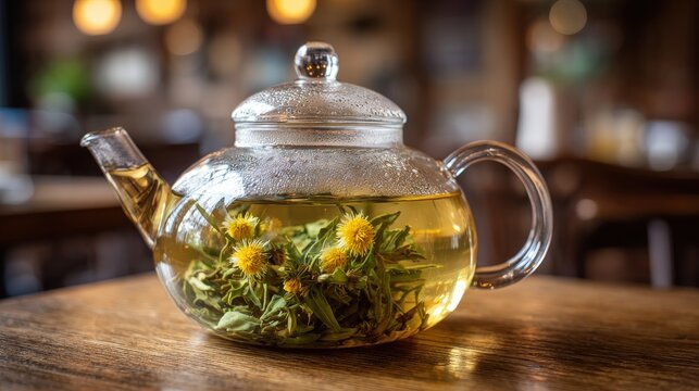 Glass teapot filled with yellow flower herbal infusion sits on a wooden table.