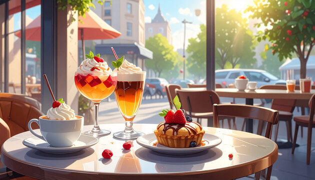 Kopi dan kue tart di atas meja kafe di bawah sinar matahari
