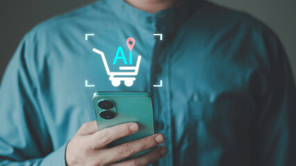 personalized recommendation, customer tracking, digital commerce optimization and mobile retail technology system. Artificial intelligence in online shopping, smart cart and location targeting © 0202supaporn_studio 
