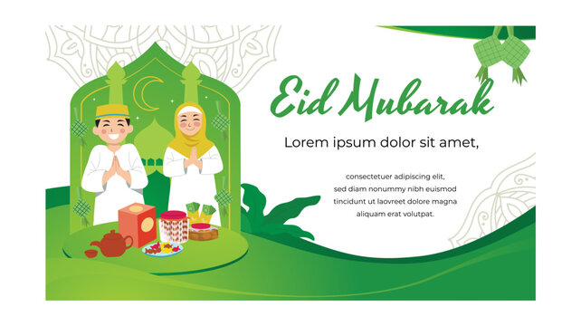 Eid Mubarak horizontal banner with copy space, featuring smiling Muslim boy and girl characters with festive Islamic food and mosque background.