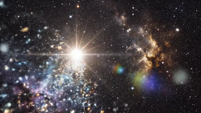 Dazzling Bright Star with Diffraction Spikes Over Multicolored Nebula Clouds in Deep Space