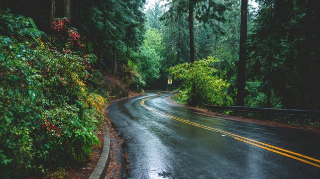 Wet asphalt road winds through a lush temperate forest after a rainfall.