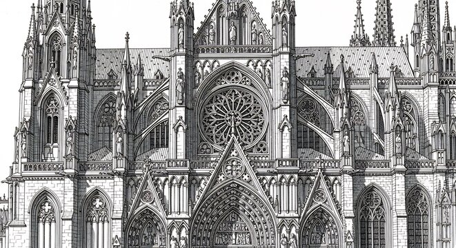 Intricate Gothic Cathedral Facade with Rose Window and Flying Buttresses.
