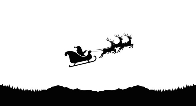 Santa Claus in Sleigh with Reindeer Silhouette Flying Over Snowy Hills