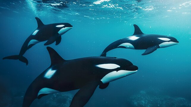 Pod of orcas swimming in cold, dark ocean water, powerful, sleek