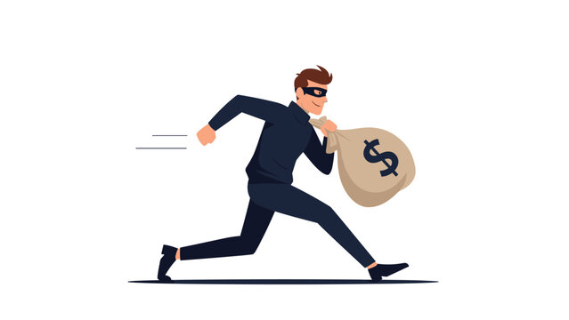 Cartoon thief dressed in black clothes and a mask runs quickly while carrying a large brown bag of money with a dollar sign.