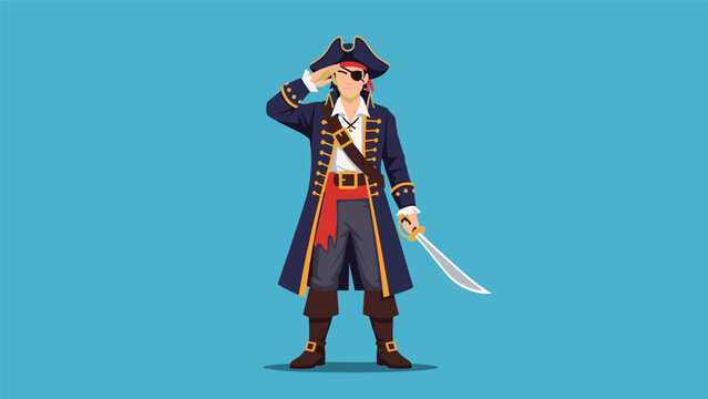 Brave pirate captain in a blue uniform and tricorne hat looks through a telescope while holding a sharp cutlass in his hand.