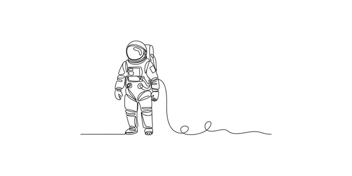 Continuous line drawing of an astronaut standing with a safety tether attached to their spacesuit on white background