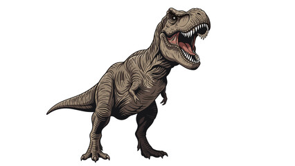 Fototapeta premium Fierce tyrannosaurus rex dinosaur with its mouth open showing sharp teeth on a white background in detailed style.
