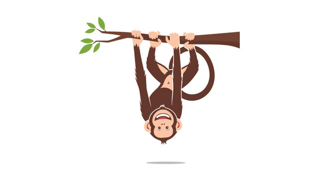 Happy monkey hanging upside down from a tree branch while smiling on a white background in a fun cartoon style.